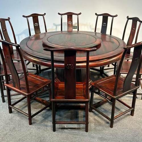大红酸枝圆形餐桌十件套红木餐桌酒店饭桌组合交趾黄檀红木家具