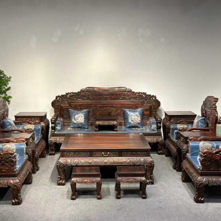 老挝大红酸枝10件套沙发交趾黄檀木远山红木家具定制中式古典家具