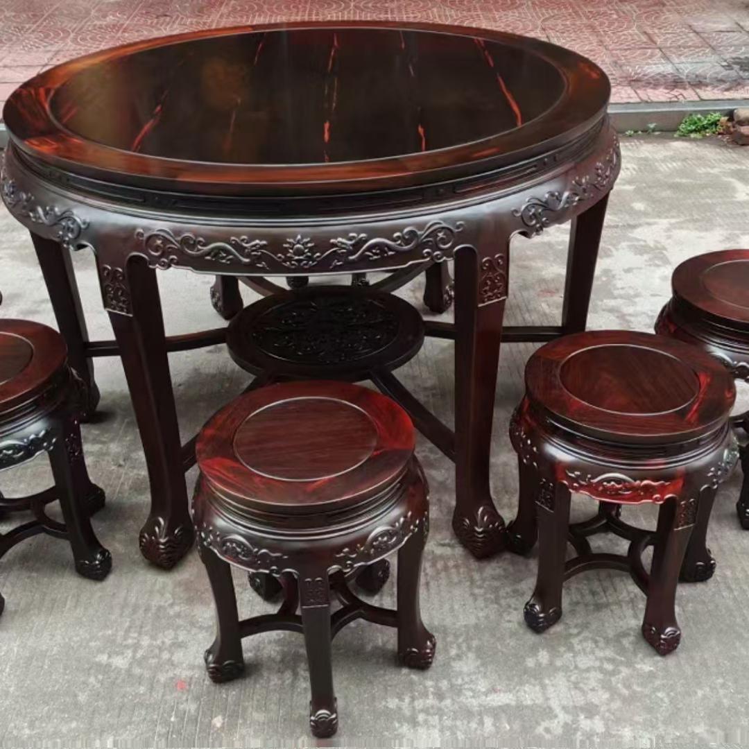 红木家具大红酸枝明清五子登科六件套实木圆桌交趾黄檀休闲桌餐桌