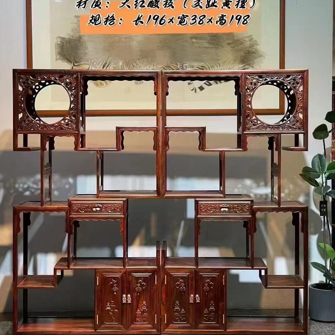 老挝大红酸枝博古架实木多宝阁茶叶展示柜置物架客厅隔断红木家具