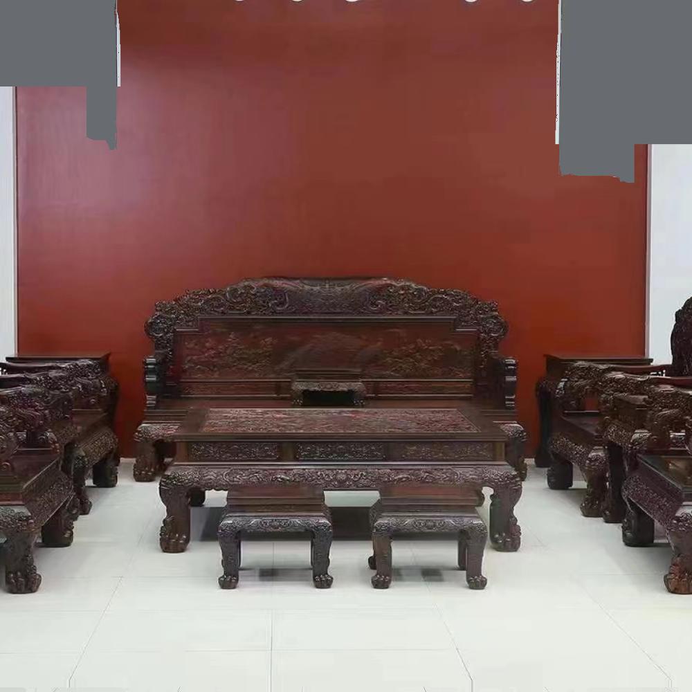 双狮戏珠新中式实木沙发组合菠萝格明清古典红木家具客厅大红酸枝