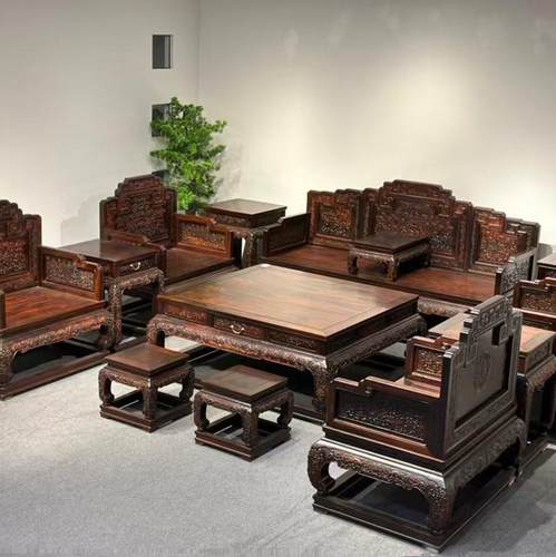 老挝大红酸枝雕龙沙发十三件套 交趾黄檀家具明清满雕红木中式