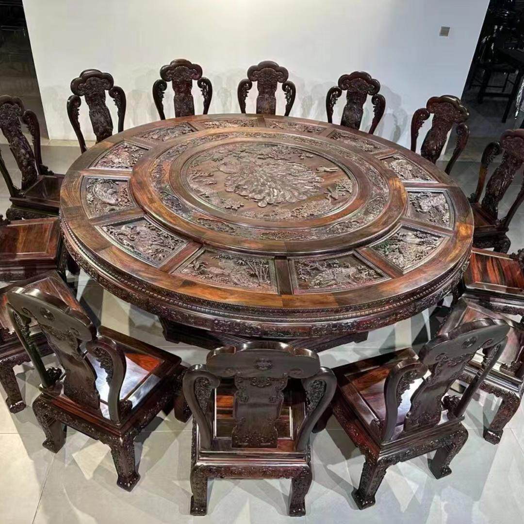 明式老挝大红酸枝红木圆餐桌交趾黄檀红木餐桌 红木圆桌别墅家具
