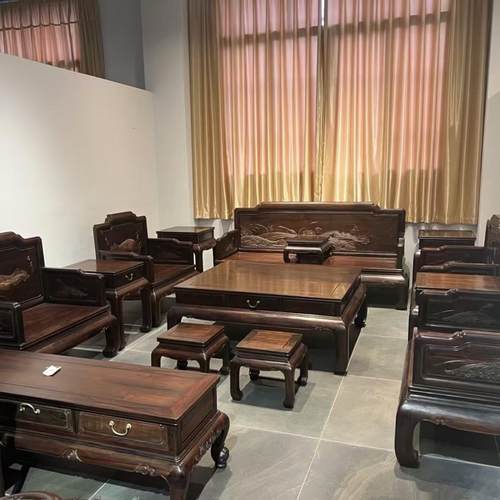 明清家具大红酸枝交趾黄檀卷书沙发三人座大茶几组合十一件套定制