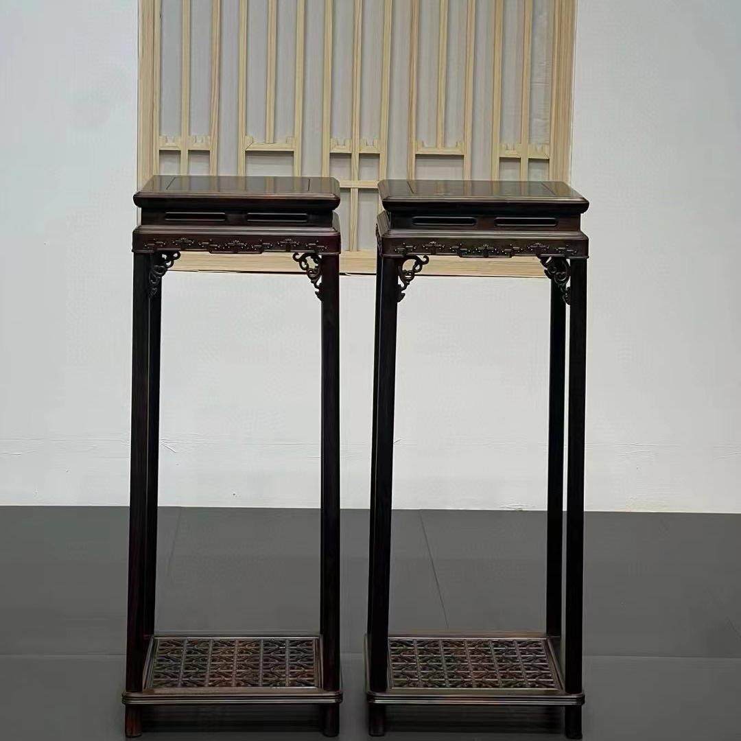 红酸枝盆景木雕工艺品瓷器花瓶底座红木质嵌大理石木底座中式花架