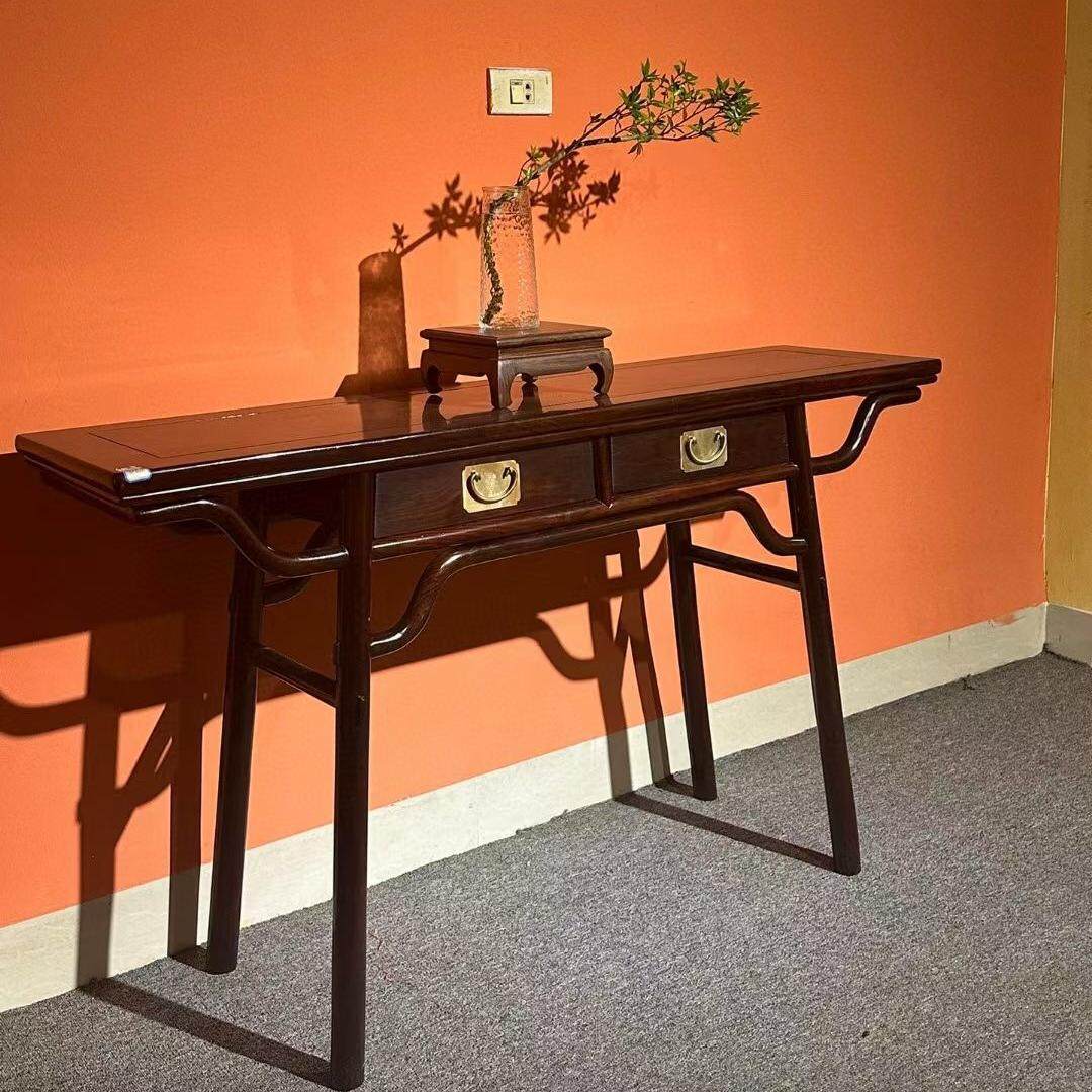 大红酸枝黑飘红圆包腿画案条案中式交趾黄檀实木办公书桌无拼补