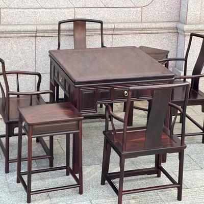 老挝大红酸枝交趾黄檀五件套明式独板休闲方桌麻将桌茶桌红木家具