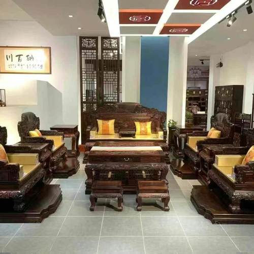 老挝大红酸枝松鹤延年沙发十三件套红木客厅家具中式古典实木沙发