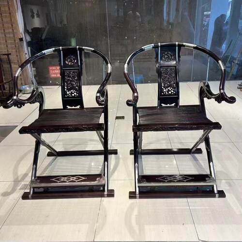 明式红木家具老挝大红酸枝头把交椅王世襄款百宝嵌折叠靠背椅