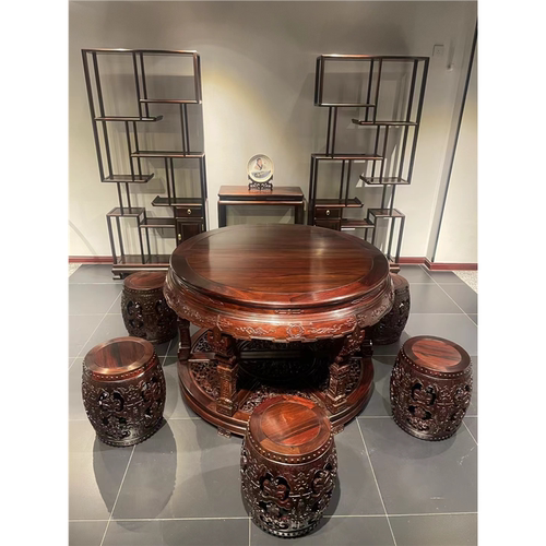 红木家具缅甸花梨大果紫檀圆桌实木