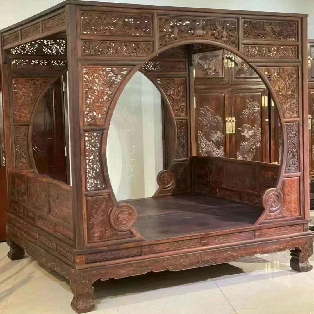 老挝大红酸枝架子床交趾黄檀公主床月洞床明清古典卧室家具别墅