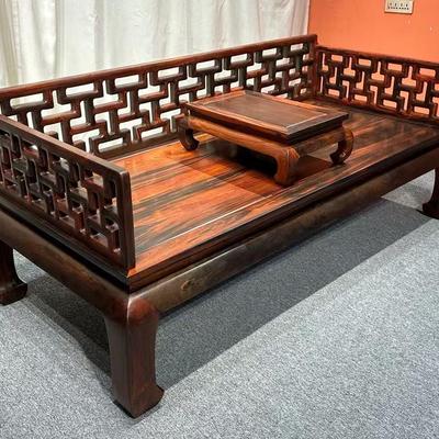 明式红木家具老挝大红酸枝三围独板罗汉床中式罗汉榻睡床榻黑飘红