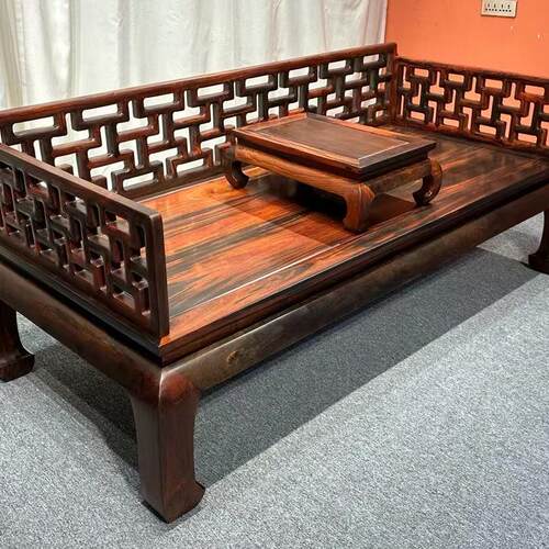 明式红木家具老挝大红酸枝三围独板罗汉床中式罗汉榻睡床榻黑飘红