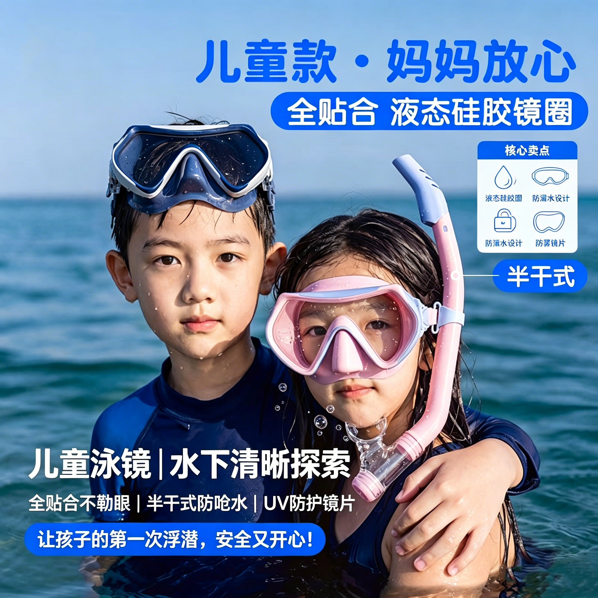 德国专业专用儿童浮潜面罩半干式水下呼吸管潜水镜浮潜装备三件套