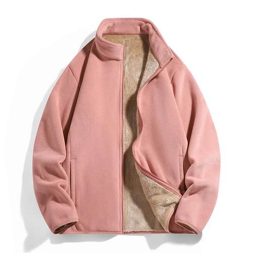 高品质加绒加厚外套秋冬季女羊羔绒卫衣夹克奥利绒立领粉色抓绒衣