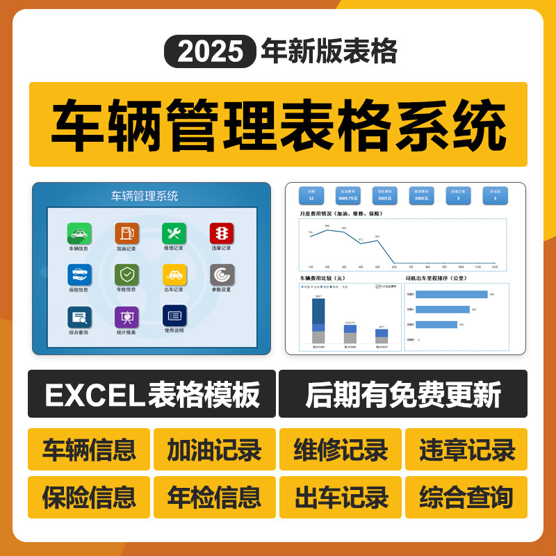 2025车辆管理excel表格系统公司出车登记加油记录维修保险养违章
