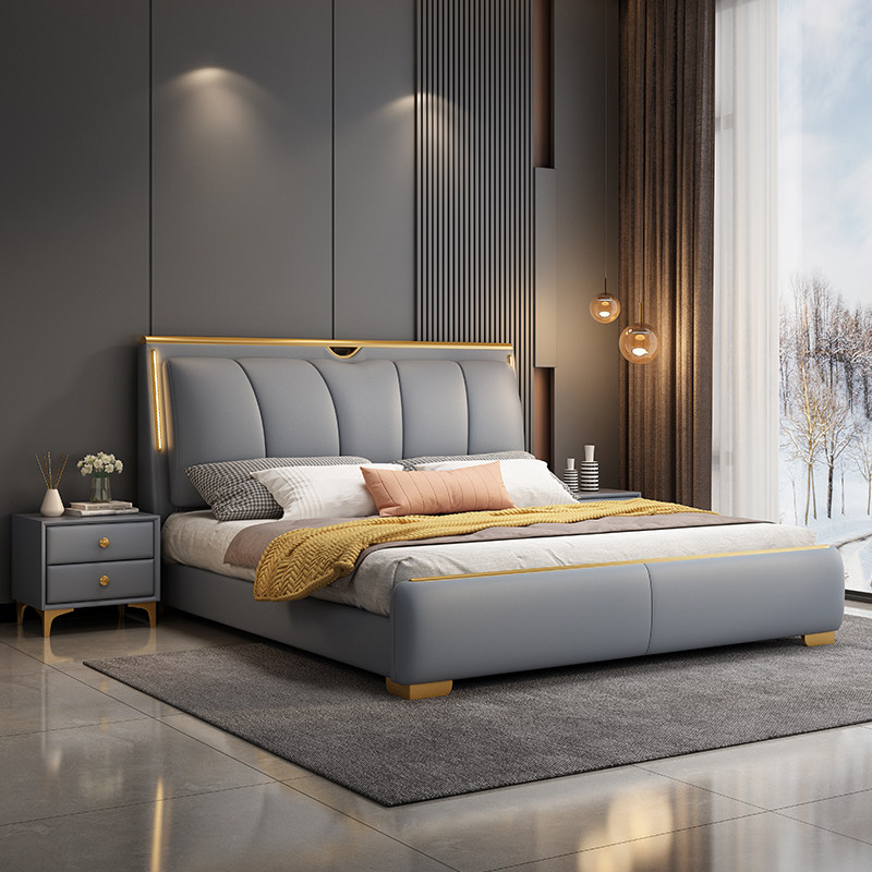 新款意式高端真皮轻奢主卧双人大床现代简约豪华带灯软包储物婚床