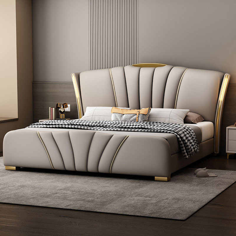 新款意式轻奢真皮高端主卧双人大床现代简约豪华带灯软包储物婚床