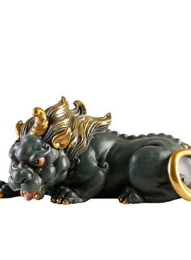 国潮风精品青砂石招财创意貔貅一对摆件中式家居茶室书房桌面装饰