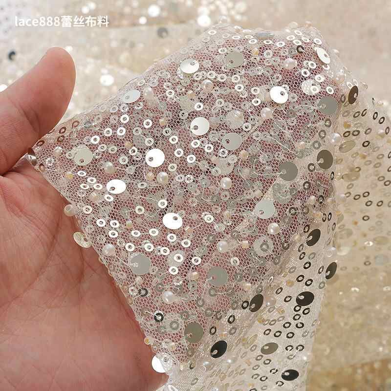 重工1.3米宽泡珠亮片网纱面料婚纱礼服舞台服装布料红色香槟色蓝