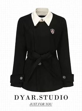 艾玲儿假两件西装外套女秋冬小个子收腰学院风高级感黑色西服套装