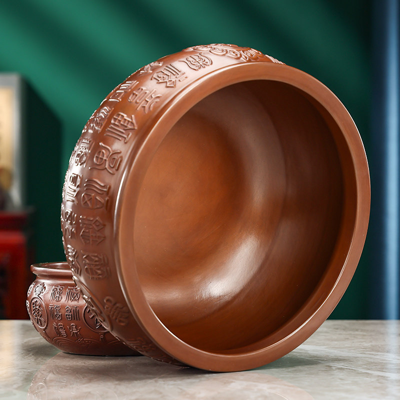紫铜百福聚宝盆摆件百福缸实心招财客厅办公室店铺开业聚财存钱罐