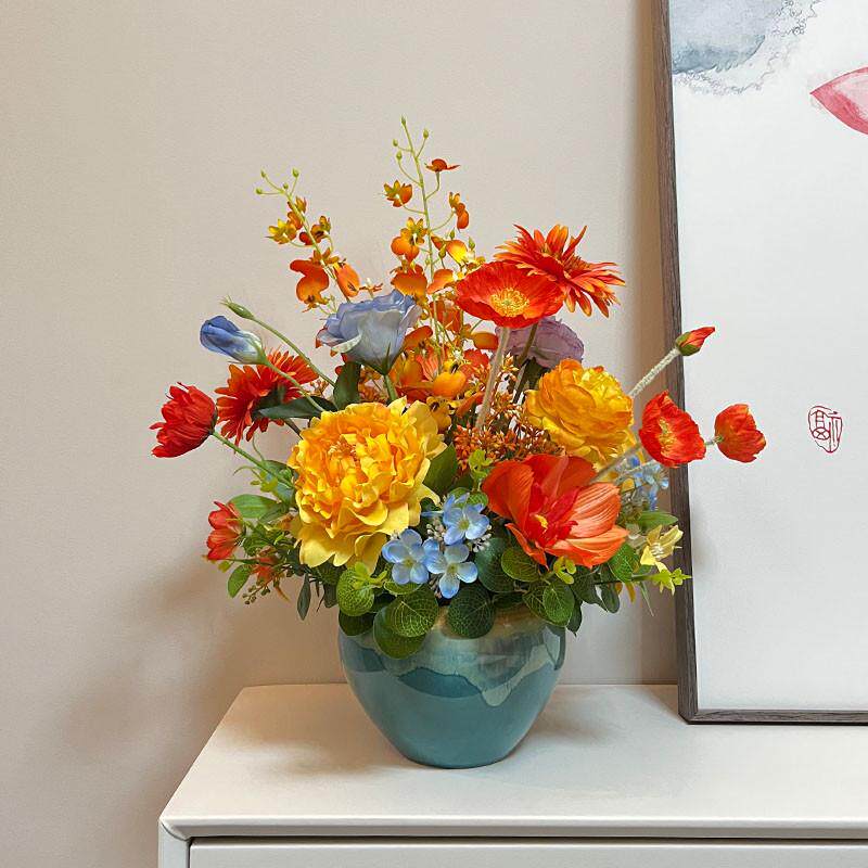 客厅餐桌装饰花油画风牡丹花仿真花套装欧式假花电视柜冰箱摆设花