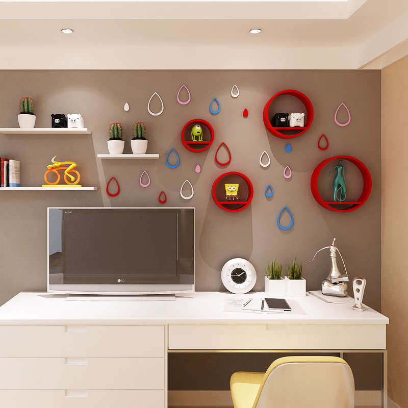 圆形四件套搁板墙上置物架 简约创意格子电视背景墙装饰隔板壁挂