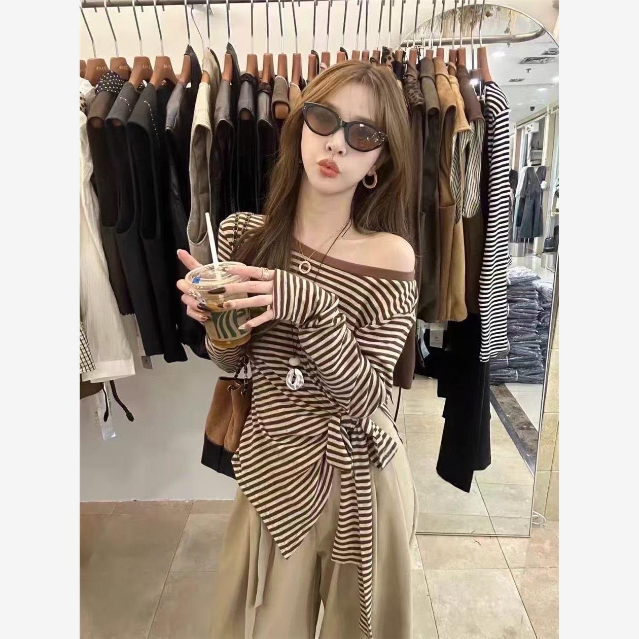 2025新款女装时尚套装条纹绑带短袖T恤+高腰显瘦半身裙两件套