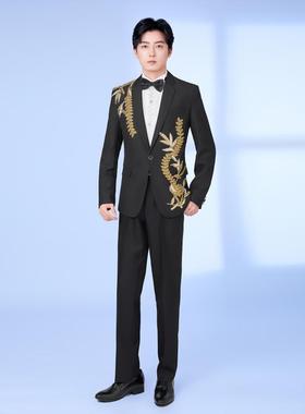 新款男士贴花黑色歌手大合唱表演礼服主持人司仪修身演出西服套装