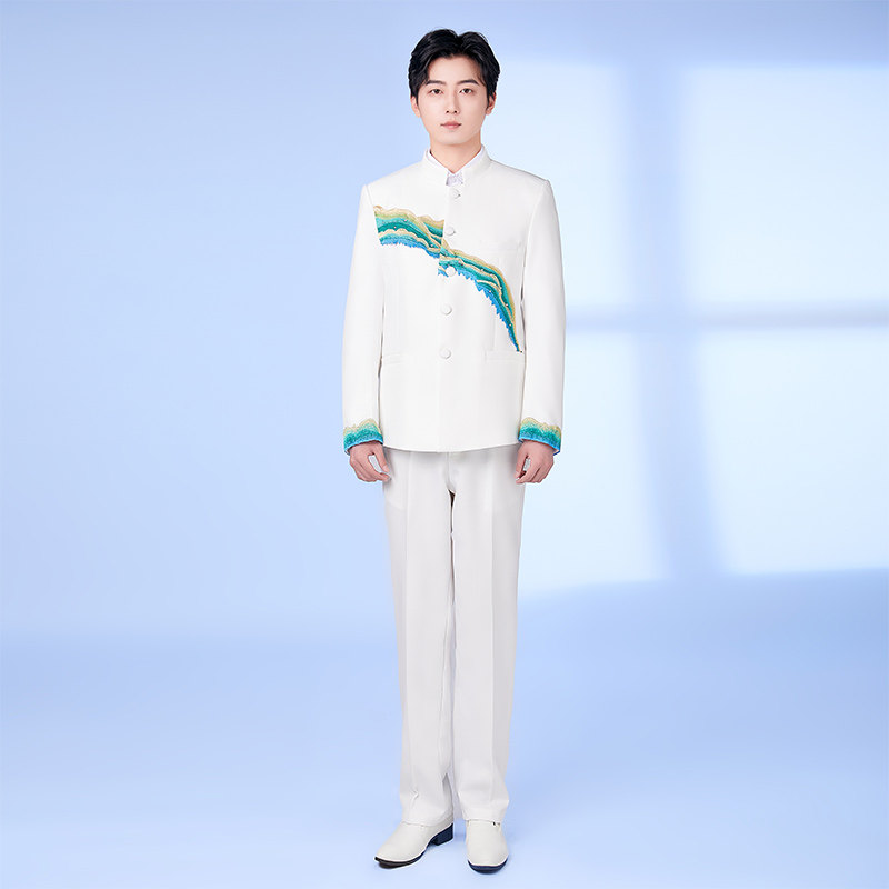白色中山装彩虹演出男表演服装