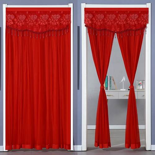 红色门帘结婚家用婚房门喜庆卧室免打孔新款蕾丝防蚊隔断纱1