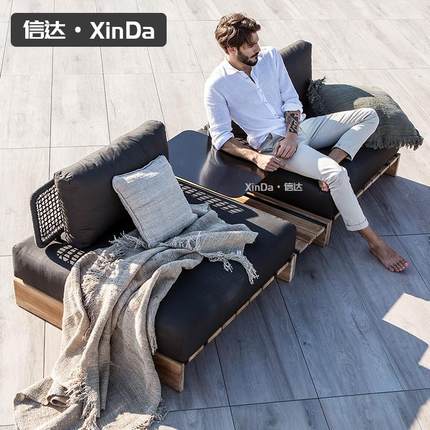 W7户外沙发庭院露天售楼部室外藤沙发组合民宿酒店露台沙发柚木藤