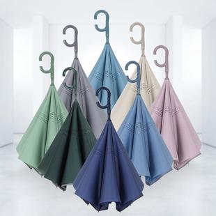 配色双层自动反向伞防紫外线免持式 C型晴雨伞汽车长直杆伞可印LOG