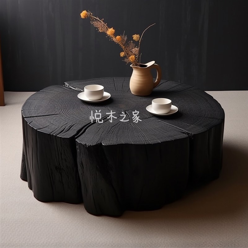 精品侘寂风木墩茶桌实木干泡台民宿茶几原木碳化不规则创意茶台书