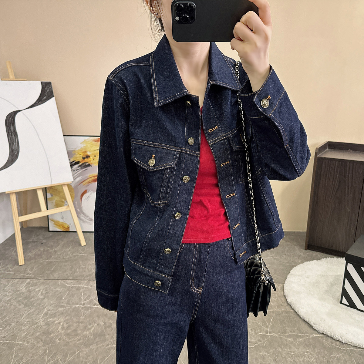 不掉色牛仔短外套女春秋复古工装小个子丹宁色深蓝宽松夹克上衣