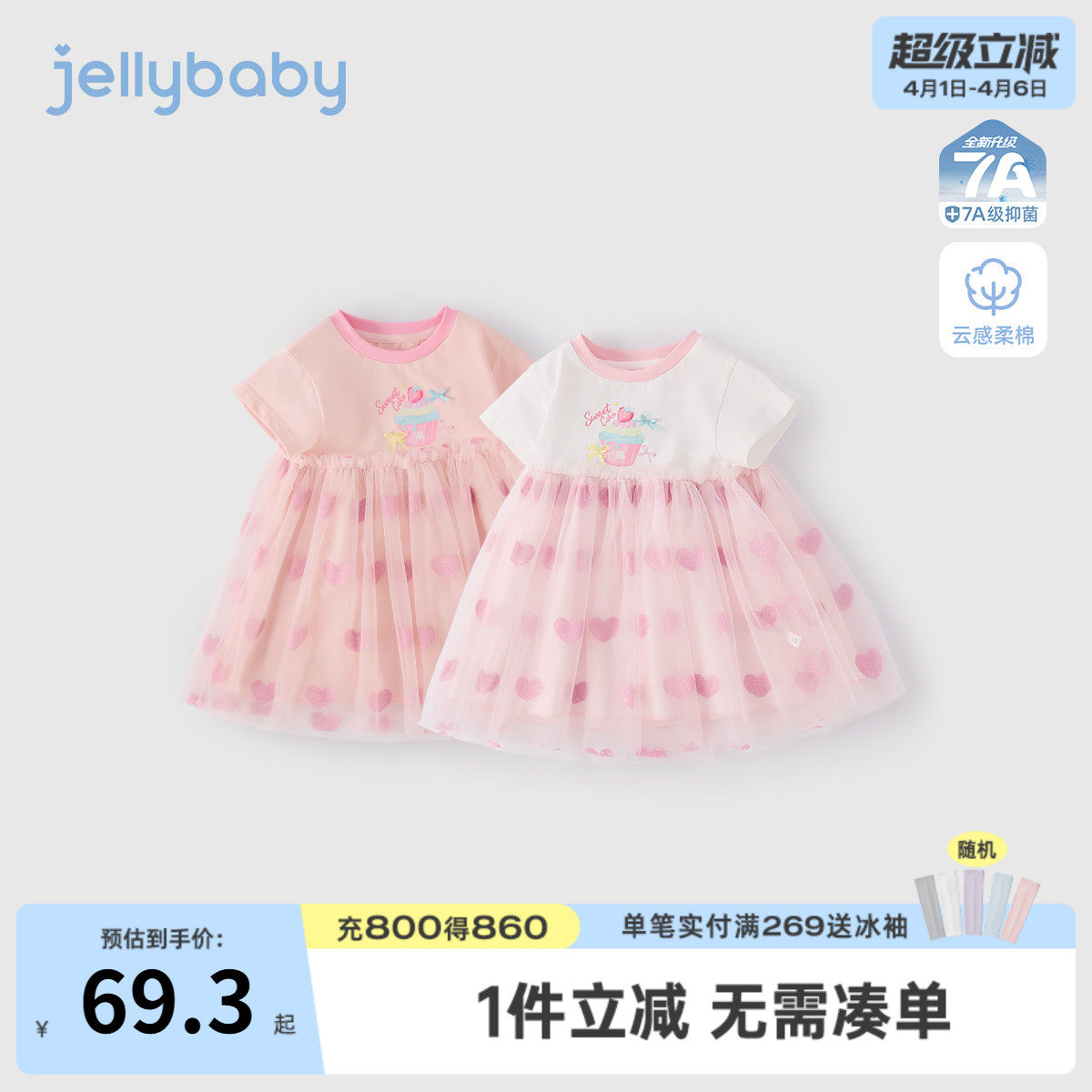 女童连衣裙拼接网纱裙2026新款夏款短袖印花裙子薄款日常公主裙