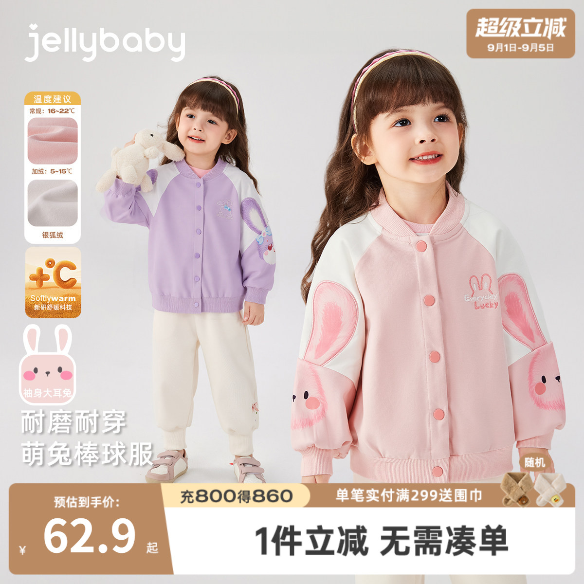 女童棒球服春秋宝宝可爱兔子衣服长袖小童加绒运动童装潮儿童外套图片