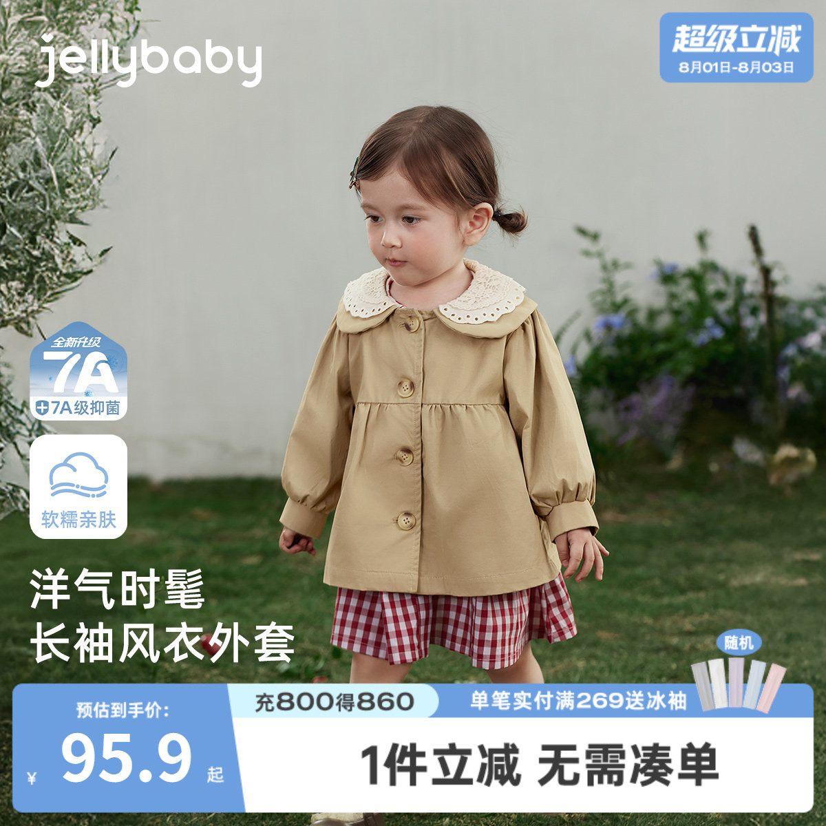 [7A抑菌]女童外套儿童长袖风衣春季小童花边翻领法式上装洋气时髦