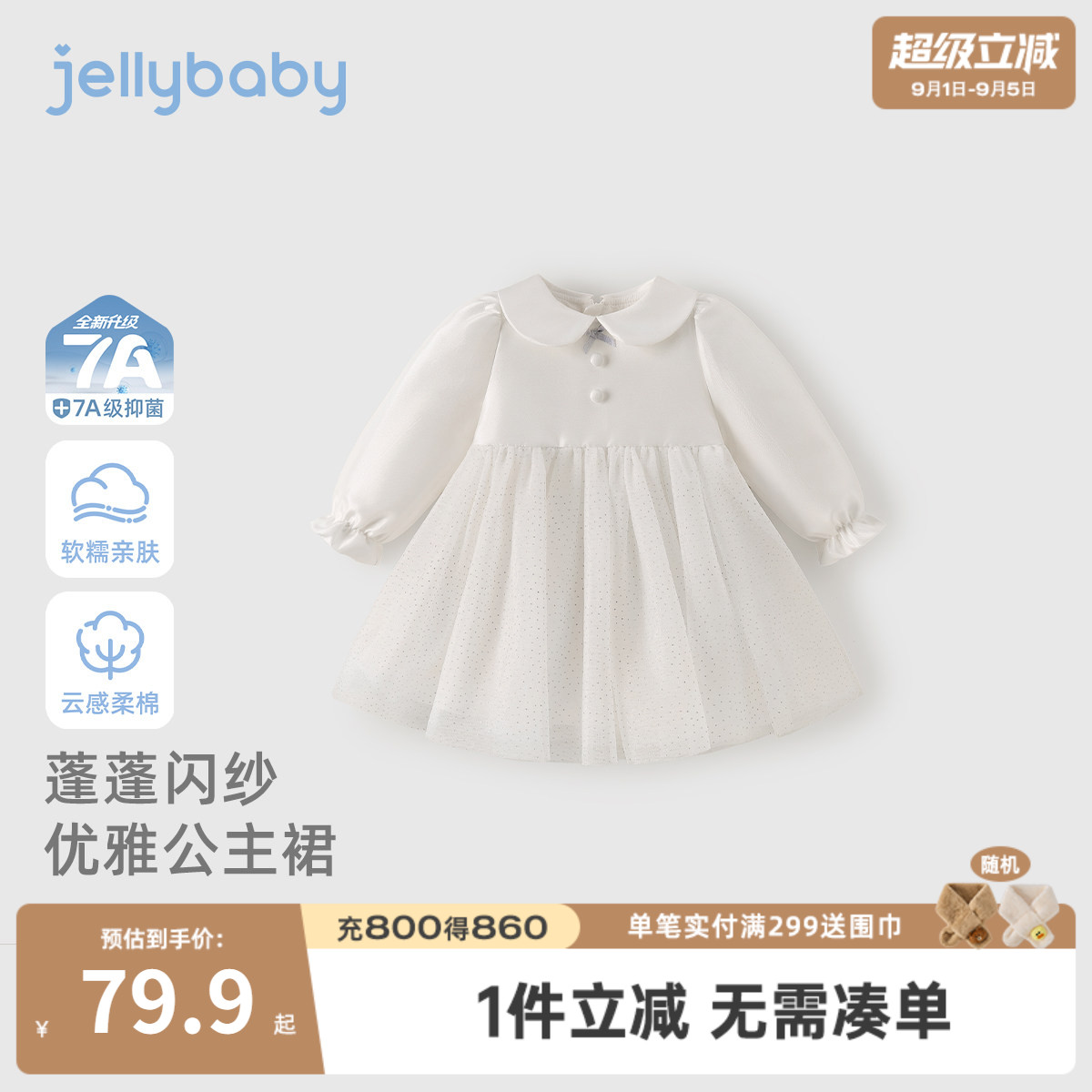 女童白色裙子春秋宝宝秋季连衣裙小女孩新款娃娃领儿童长袖公主裙