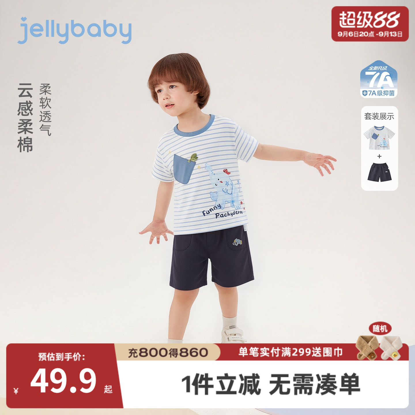男童夏季条纹T恤短裤两件套图片