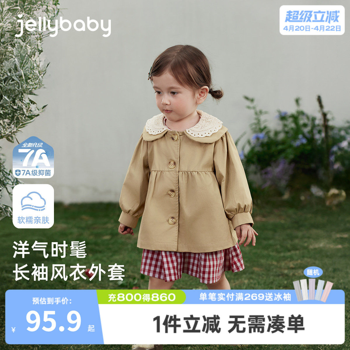 [7A抑菌]女童外套儿童长袖风衣春季小童花边翻领法式上装洋气时髦