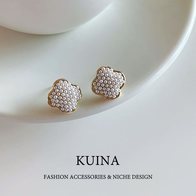 四叶草珍珠耳钉纯银针女士耳环