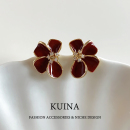 红色珐琅花朵耳钉女轻奢气质高级感纯银针耳环小众独特漂亮耳饰品