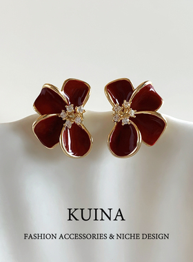 红色珐琅花朵耳钉女轻奢气质高级感纯银针耳环小众独特漂亮耳饰品