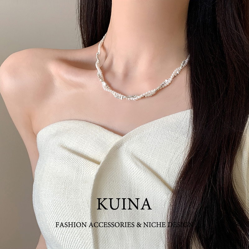 双层碎银子珍珠项链女颈链锁骨链