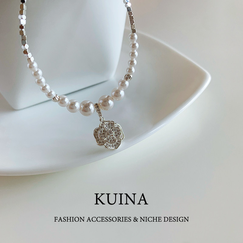 气质珍珠碎银子项链女山茶花吊坠