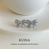 精致镶钻蝴蝶结耳钉女新款 气质百搭纯银针耳环小众高级感轻奢耳饰