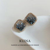 蓝色水晶方形耳钉女2025新款 爆款 轻奢气质大气银针耳环高级感耳饰