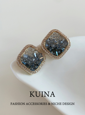 蓝色水晶方形耳钉女2025新款爆款轻奢气质大气银针耳环高级感耳饰